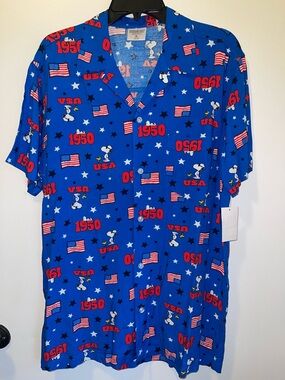 Peanuts Blue Short Sleeve Button-Front Shirt with Snoopy & Flags